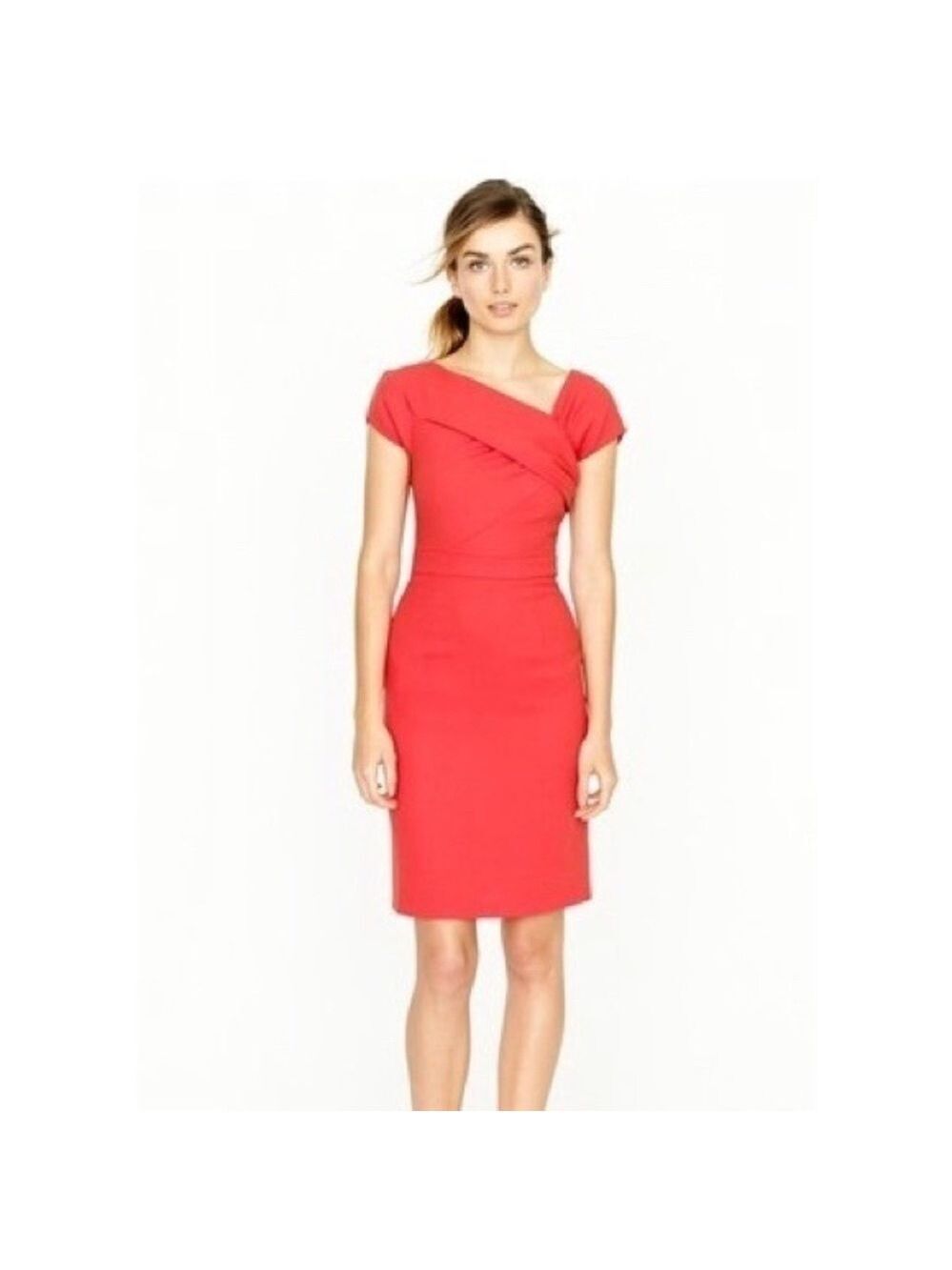 J. Crew Coral Cap Sleeve Sheath Pleated Detail Midi Dress